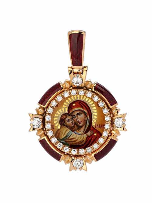 Нательная икона Божией Матери "Владимирская" цвет эмали рубин