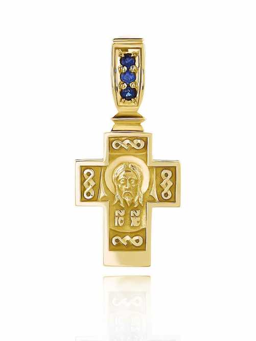 Крест "Спас Нерукотворный" из желтого золота  с сапфирами