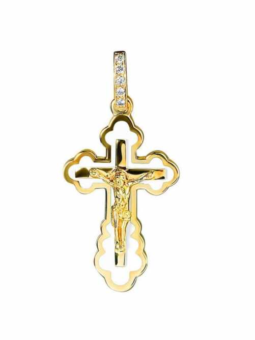 Крест Ажурный из желтого золота с бриллиантами белая эмаль 04061