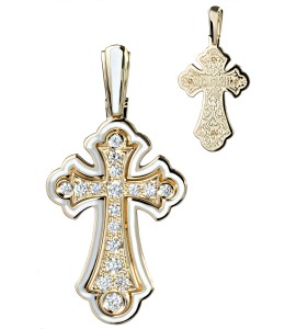 Крест из желтого золота с белой эмалью 03357-11