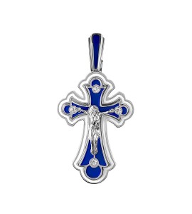 Крест из белого золота с синей эмалью 03357