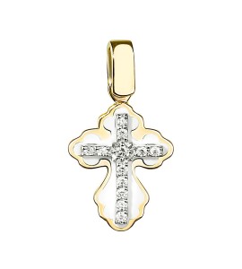 Крест из желтого золота с бриллиантами белая эмаль 03353