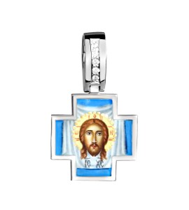 Крест из белого золота с бриллиантами и с росписью 04056