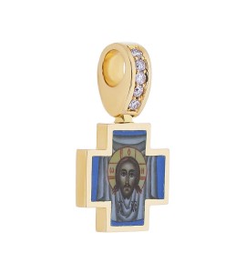 Крест из желтого золота с бриллиантами и с росписью 04056