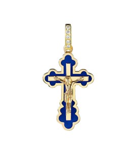 Крест Ажурный из желтого золота с бриллиантами синяя эмаль 04061