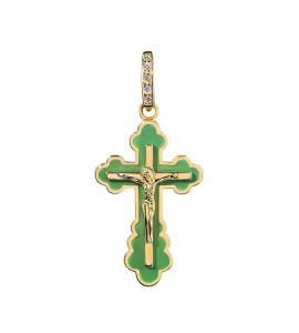 Крест Ажурный из желтого золота с бриллиантами зеленая эмаль 04061