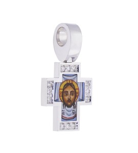 Крест из белого золота с бриллиантами и с росписью 04065-12