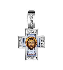 Крест из белого золота с бриллиантами и с росписью 04065-17