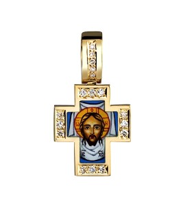 Крест из желтого золота с бриллиантами и с росписью 04065-12